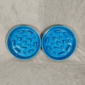 Set Of 2 LE TAUCI Medium Size Ceramic Slow Feeder Dog Bowl 6" Vortex Blue New